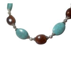 Premier Designs Faux Turquoise & Tigers Eye Necklace Silvertone Beads